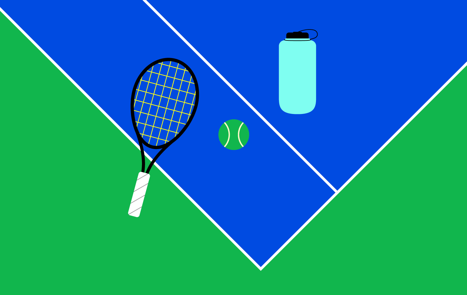 Tennis court with racket, tennis ball and water bottle